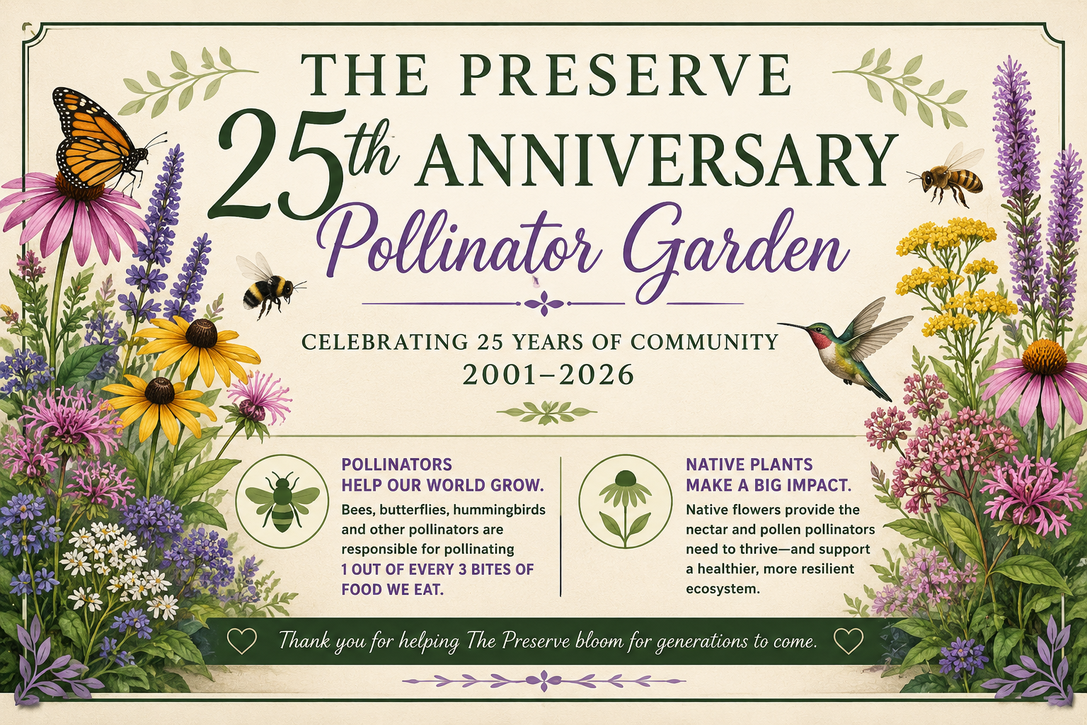 Illustrated 25th anniversary pollinator garden with native flowers and pollinators